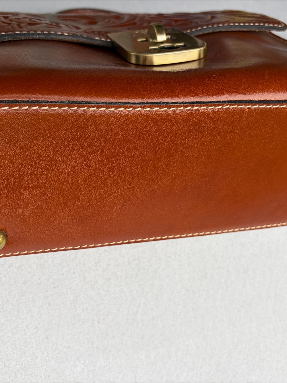 Patricia Nash Cognac Tooled Leather Satchel with Brass Turn-Lock - Picture 2 of 8